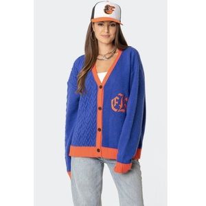 Edikted Oversized Varsity Cardigan Sweater Womens X-Small/Small Blue Orange